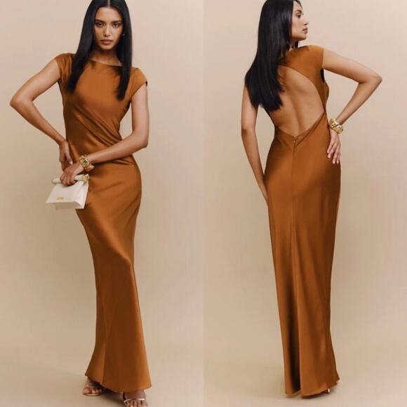 Reformation Dresses & Skirts - Reformation Niamh Silk Dress Copper Gold Size 8 100% silk open back sleeveless